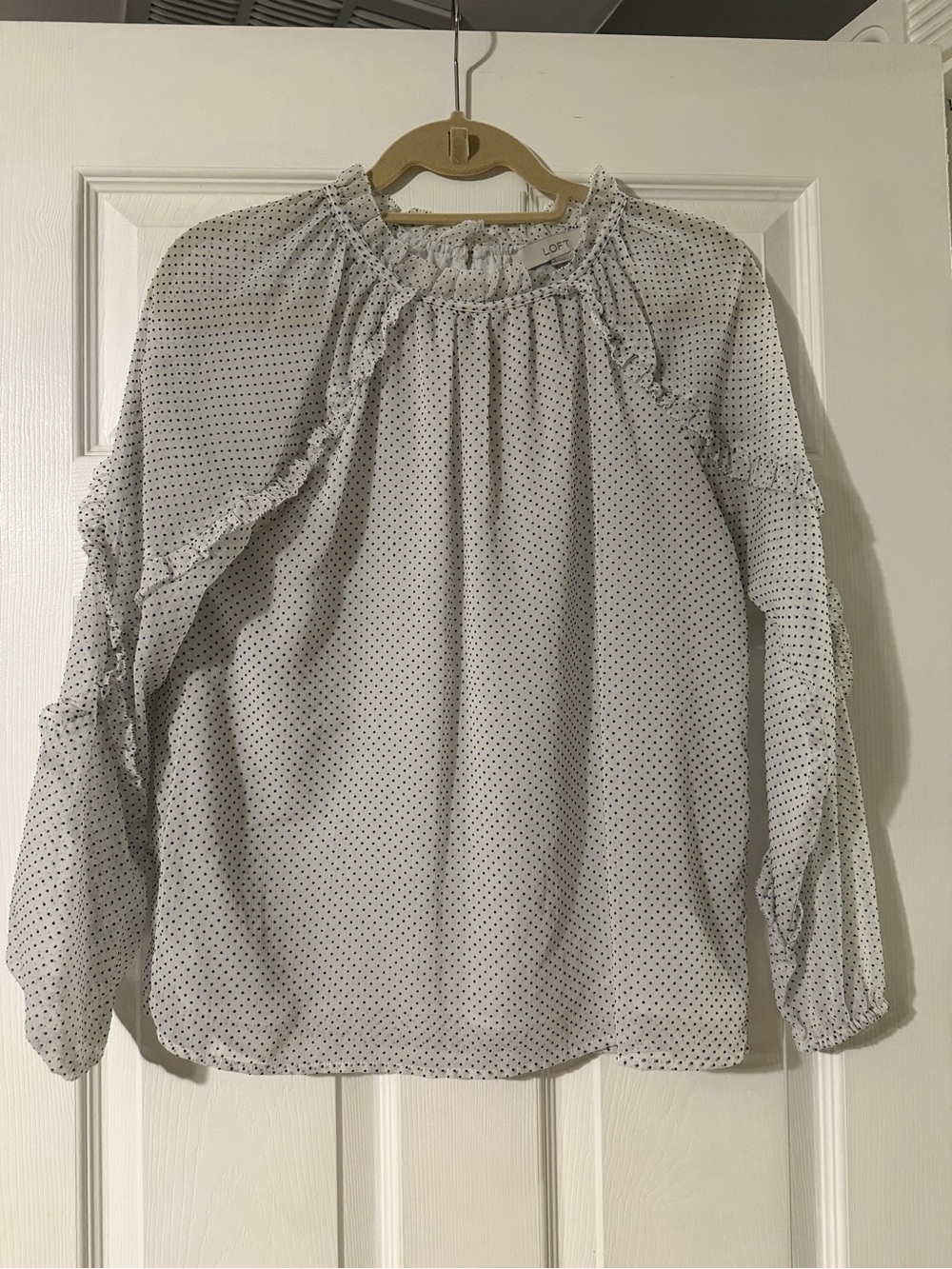 LOFT White Ruffle Polka Dot Blouse